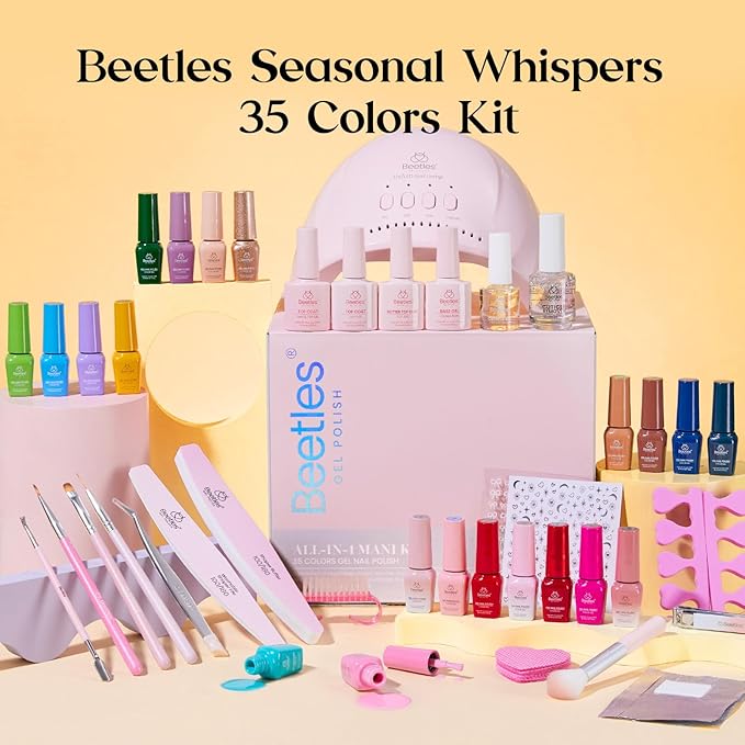 Beetles Gel Nail Polish Kit with U V Light - 35 Colors 68 Pcs Valentines Gel Polish Set One Color One Bottle Seasonal Whispers Nails Kit with Top Base Coat Beauty Must Have DIY Salon Gifts for Women