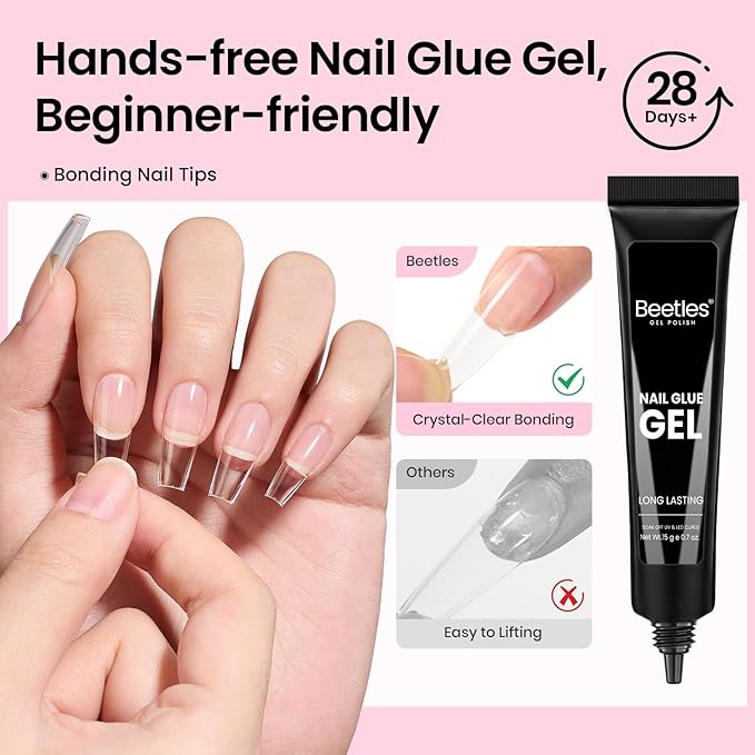 Beetles Gel Nail Kit Flat-X, Coffin Medium, 320pcs 16 Sizes Nail tips, with 15g Nail Glue Gel Hands-Free, 7.5ml Base Gel & Top Coat, Mini Lamp, for Acrylic Press On Nail, Extension DIY Set at Home