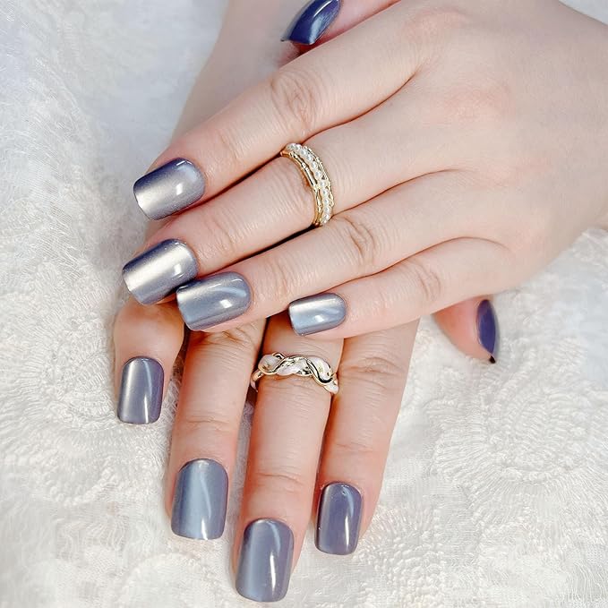 Short Square Press on Nails Purple Full Cover Fake Nails Pure Colour Acrylic Nails Glossy Glue on Nails Cat Eye Light Gel Nail 24 Pcs Artificial False Nails Removable Stick on Nails for Women