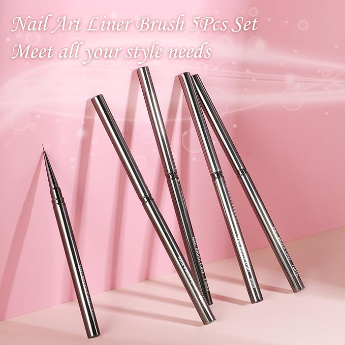 5Pcs Nail Art Liner Brushes For Gel Polish, Detail Painting Design Fine Lines Drawing Brush Set With Cap Metal Handle Home DIY Salon Manicure Tools Women Gifts, 6/9/12/15/18mm