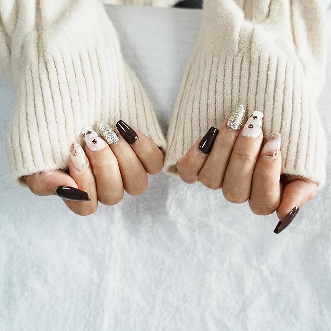 Amber Brown Press on Nails - Short Coffin White Sliver Amber Base Handmade Acrylic Nails Vintage Press-on Nails for New Year Holiday(Autumn-Winter Amber,M)
