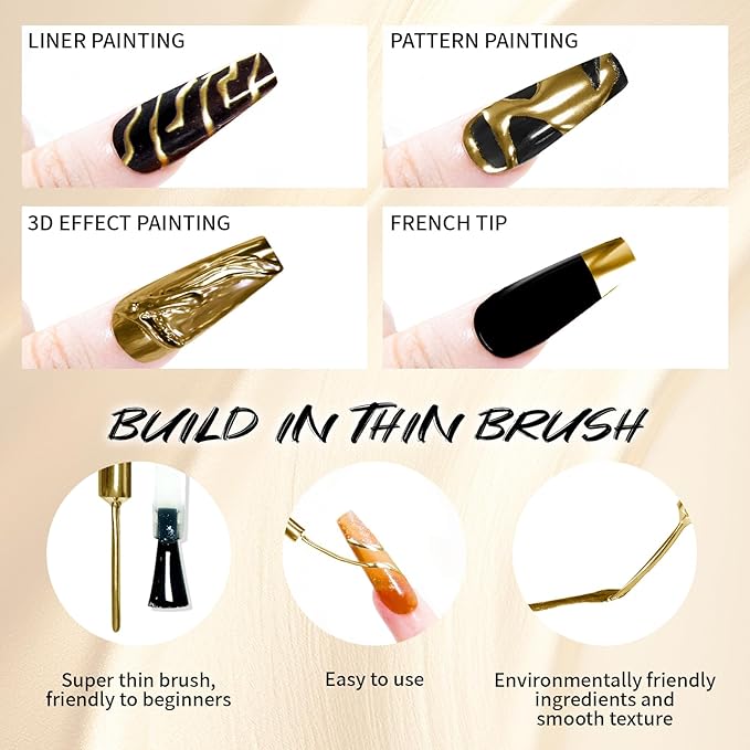 12ml Metallic Painting Gel Liner Nail Art 3D Mirror Chrome Effect Nail Polish Metal Painted Drawing Build in Thin Brush Soak Off UV/LED Gold Striper Gel for Salon Home DIY Manicure