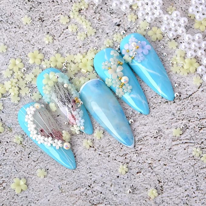Mixed 3D Flower Nail Charms and Metal Caviar Beads, Acrylic Resin Flowers Nail Design Gold Silver Nail Ball Beads for DIY Decoration Nail Craft Accessories With Pickup Pencil