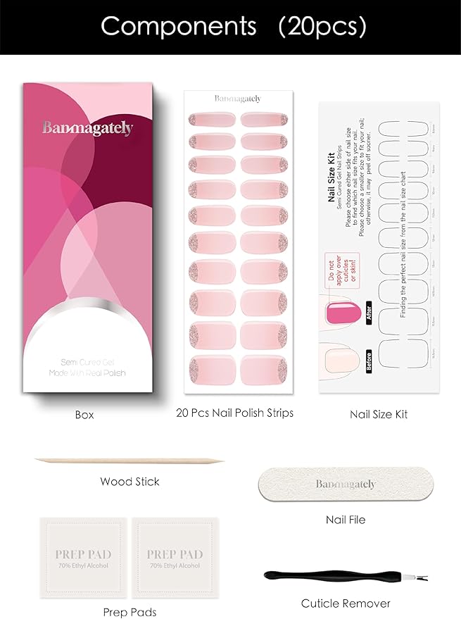 Semi Cured Gel Nail Strips, 20Pcs Long Lasting Salon Quality Wraps, Easy Apply & Remove Gel Nail Stickers with UV Light (Silk Halo Shine Pink)