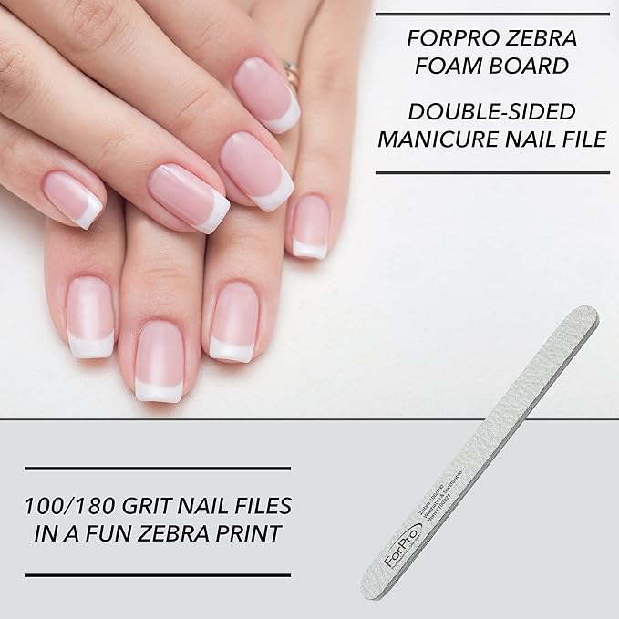 ForPro Professional Collection Zebra Foam Board, 100/180 Grit, Double-Sided Manicure Nail File, 7" L x .75" W 50-Count