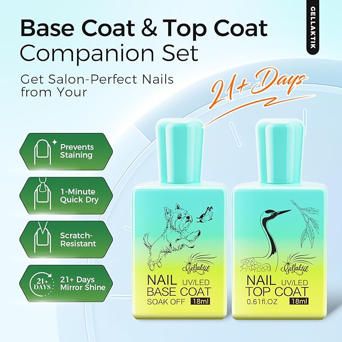 2 Pcs 18ml Gel Base Coat and Glossy Top Coat Set No Wipe Foundation Combination for Long Lasting Shine, Perfect Manicure Gift Set for Women, DIY Nail Art, UV Light Cure