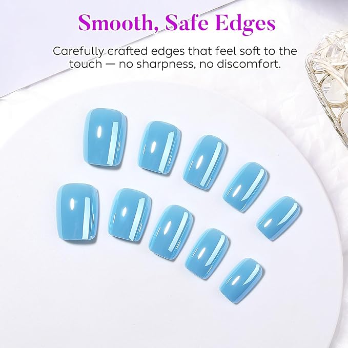 Luxbon Press On False Nails with No-Cure Nail Glue and Tool Kit – Square Acrylic Stick On Nails Soft Gel Tips 30-32pcs Full Size Set, Reusable Fake Nails for Women, White Optical Plating, Blue