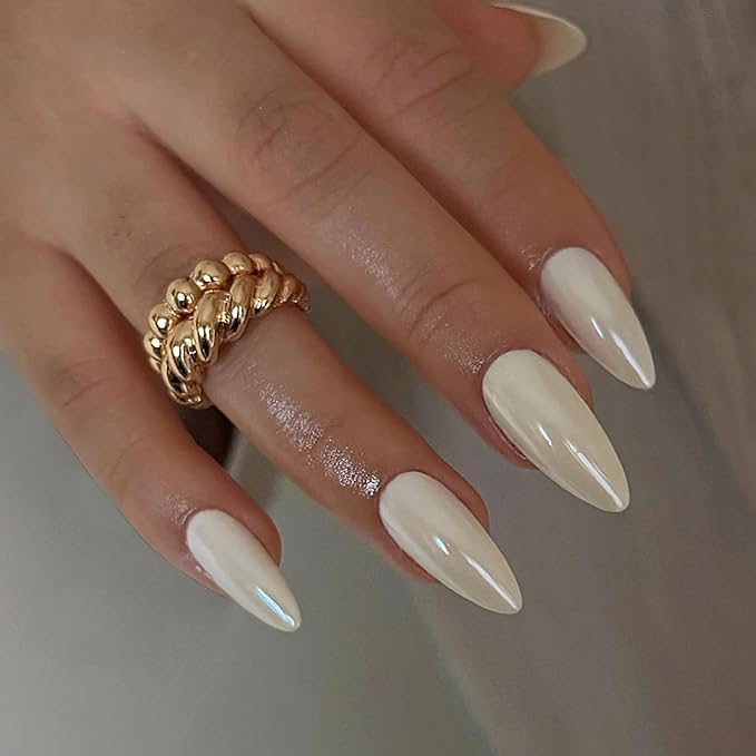 Chrome Press On Nails Almond, Glazed Pearl White Glue on Nails Medium Press Ons, Acrylic Natural Fit Stick on Nails in 12 Sizes - 24Pcs Fake Nail Kit for Women Daily & Party Wear