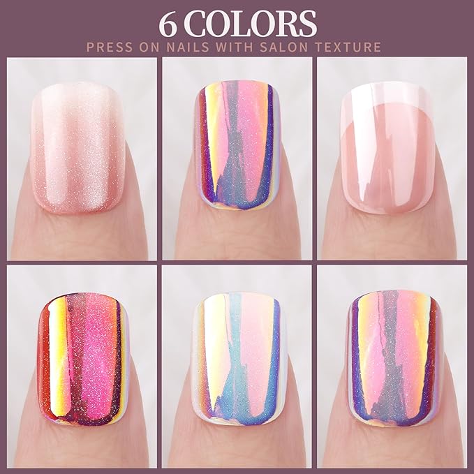 FANDAMEI Press on Nails, 6 Colors Chrome Press on Nails Short, Cat Eye Nails Short Round, Natural Fake Nails with Chrome Mirror Effect, Super Shiny Ombre, Glossy for Women with Salon Quality