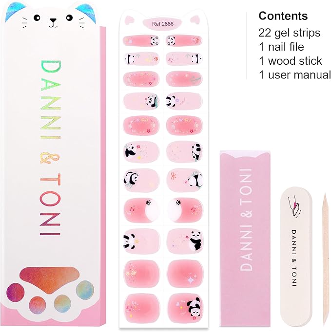 DANNI & TONI Kids Gel Nail Strips Giant Panda Bamboo Flowers Pink Ombre Salon-Quality Peel & Stick Manicure for Children (Age 6+)– Safe, Long-Lasting, Easy to Apply | Panda Pop
