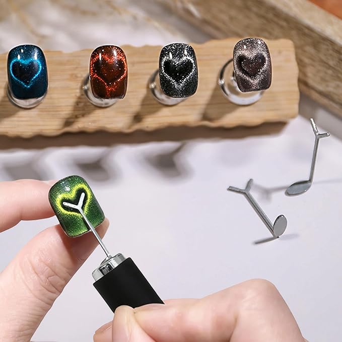 2 Pcs Cat Eye Magnets For Nails with 2 pcs Y-shape Heart Design Mold Set, Cylinder Nail Magnet Pen And 5d Automatic Strong Magnet Tool For Magnetic Gel Polish, Heart Nail Polish Magnet