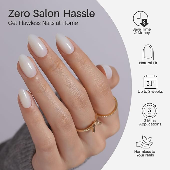 White Press on Nails Short - SHANGMENG Soft Gel Almond Press on Nails for Women Gift, Fit Perfectly & Natural Glue on Nails in 16 Sizes - 32 Reusable Fake Nails with Glue, Milky White