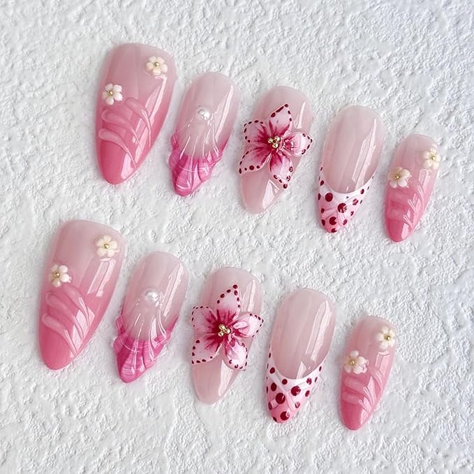 Luxury Press on Nails Medium Almond Handmade 3D Unique Reusable ABS Material Fake Nails Pink False Nails with Designs Floral Art Petal Glossy Glue on Nails Thick Acrylic Nails(S)