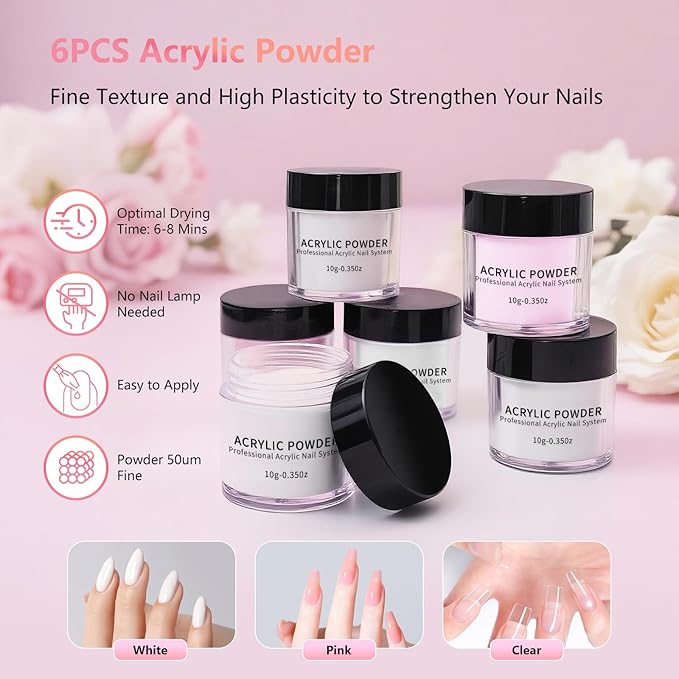 Acrylic Nail Kit for Beginners with Everything - Practice Hand for Acrylic Nails - 6PCS Nail Powder Liquid Set with UV Lamp - Professional Manicure Set in Pink Bag for Starter Home Salon (Pink-1)