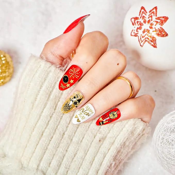 Keluna New Year Nail Stickers - 6 Sheets Happy New Year 2025 Nail Art Sticker, Glitter Gold Christmas Nail Decals, 5D Fireworks Champagne Eve Nail Decal Designs for Women Girls Manicure Decoration