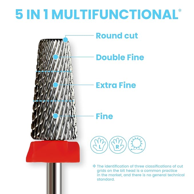 6.6mm Large Tapered Barrel 5-in-1 Nail Drill Bit, 3/32" Safety Cross-Cut Tungsten Carbide Efile Bit for Fast Gel & Acrylic Removal, Two-Way Rotation, Professional Nail Tech & Beginner Bit, Fine.