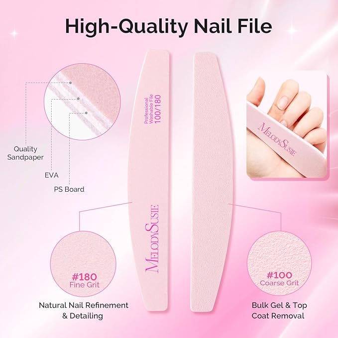 MelodySusie Nail File Kit, 10Pcs Double Sided 100/180 Grit Mixed-Shapee Emery Boards for Nails, Professional Manicure Pedicure Supplies for Home and Salon Use, Pink