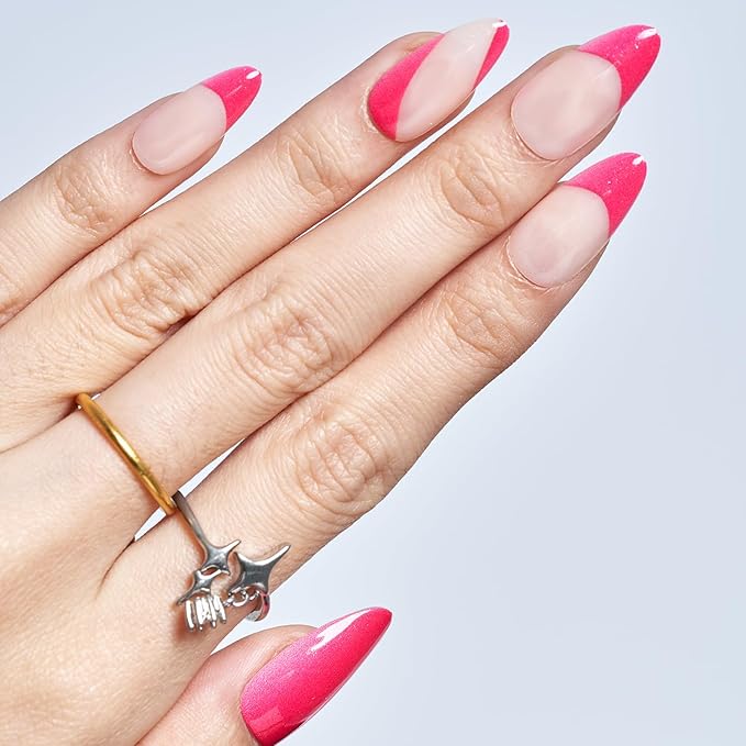 GLAMERMAID Pink French Tip Press on Nails Medium Almond, Nude Gel False Nals, Jump Color Stiletto Glossy Glue on Nails Kit for Women, Reusable Short Oval Stick on Acrylic Fake Nails Manicure Set