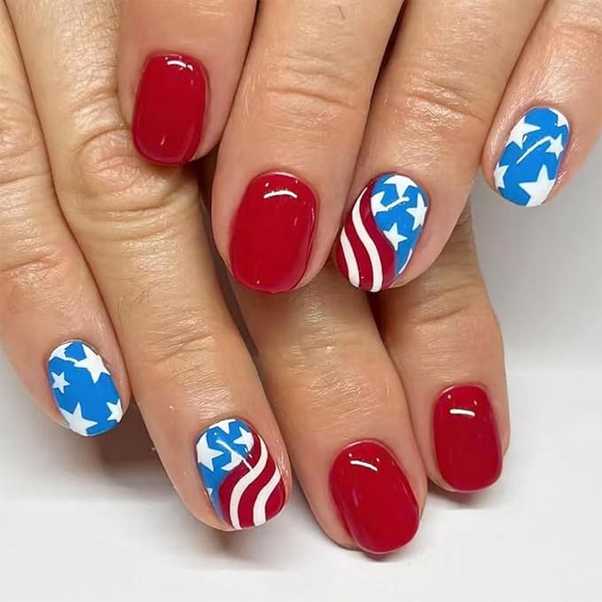 Independence Day Press on Nails Short Square Artificial Nails with Red Blue American Flag Glossy Red False Nails Stars Stick on Nail Full Cover 4th of July Fake Nail for Women Girls Manicure 24Pcs