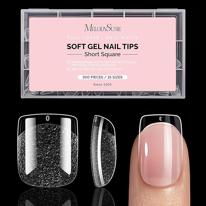 MelodySusie Short Square X Nail Tips - 300Pcs 15 Sizes Clear Acrylic, Half Matte Full Cover Press on Nails for DIY Extension & Salon Use, Pre-Shaped for Long-Lasting Manicure