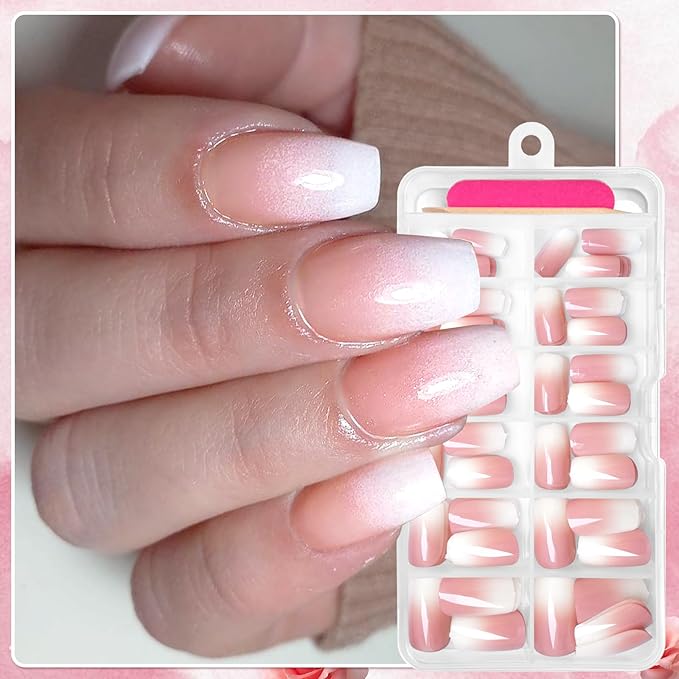 AddFavor 240pc Ombre Square Press on Nails Medium Fake Nails - Glue on Nails Square Acrylic Nails Press ons Nail Tips Medium Stick on Nails with Nail Glue and Adhesive Tabs for Women