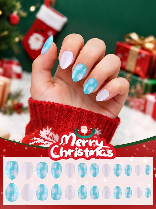 24 Pieces Press on Nail Kid, EBANKU Christmas Mini Glue on Nail Almond Cute Design Acrylic Nails with Nail Glue for Girls 7-12 Years