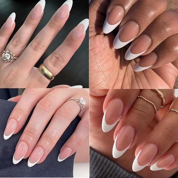 Lamemoria Pre-Design Medium Long Gel Almond French Tip Press On Nails, Brown Base White French Nail Tips, Salon False Fake Nail Kit with Glue/Tabs, 240 PCS