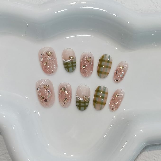 French Tip Press on Nails Short Oval Cute Acrylic Pink Nails Press Ons Classic Checkered Grid Designs Fake Nails Reusable Full Cover Artificial Nails 10pcs Glue on Nails for Women Girls(XS)