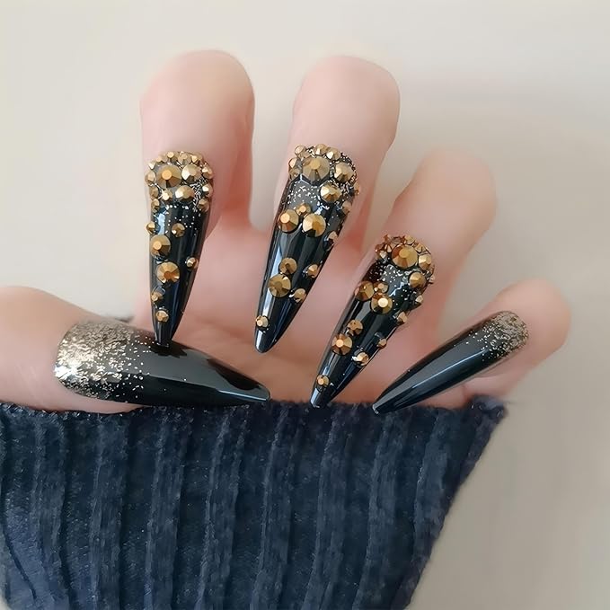 Long Black Press on Nails Almond Tip False Nails with Gold Glitter Fake Nails for Women