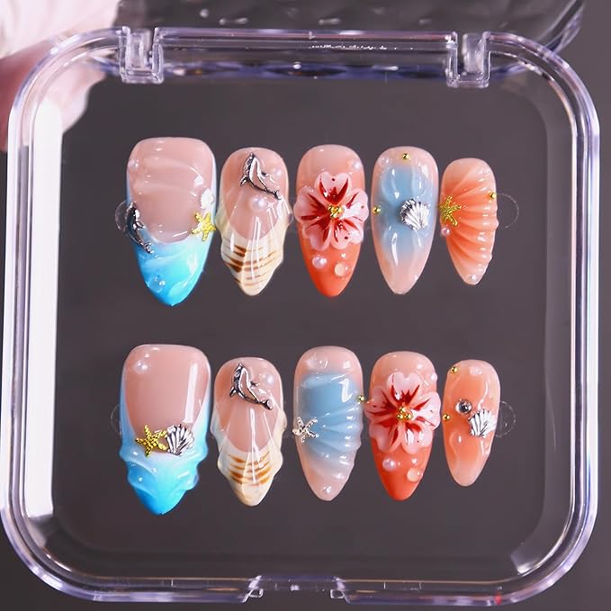 Press On Nails - Handmade French Almond Fake Nails, Cute Shell Nails Design, Reusable Artificial Almond False Nails for Women 10 Pcs 3D Acrylic Nails Kit (Size M)