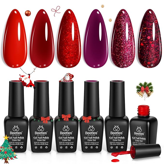 Beetles Red Gel Nail Polish Set Gel Polish 6 Colors Burgundy Red Glitter Purple Soak Off UV LED Art Design Decoration DIY Nail Gifts for Women Poinsettia