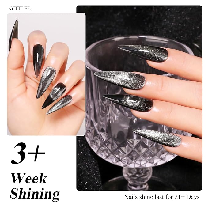 Imtiti Cat Eye Gel Nail Polish, 15ML Black Holographic Glitter Cat Eye Magnetic Gel Polish with Magnet UV LED Crystal Galaxy Sparkly Home DIY Manicure Nail Salon Kit