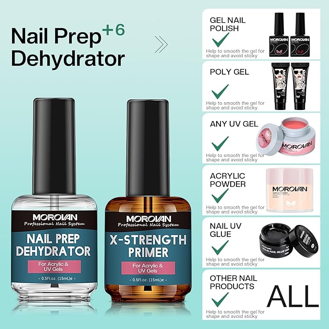 Morovan Nail Prep Dehydrate and Primer X-strength, No Burn Non Acid Nail Primer and Dehydrator for Acrylic Powder Fast Dry 0.5oz