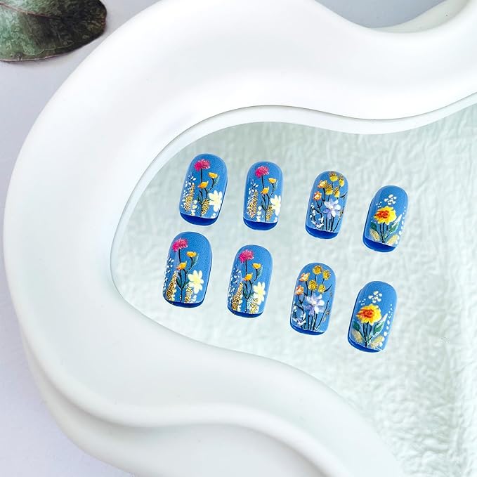 Short Press on Nails Square Fake Nails with 3D Flower Designs Colorful Glue on Nails Gold Glitter Acrylic Nails Spring Summer False Nails Glossy Full Cover Stick on Nails for Women Girls 24Pcs