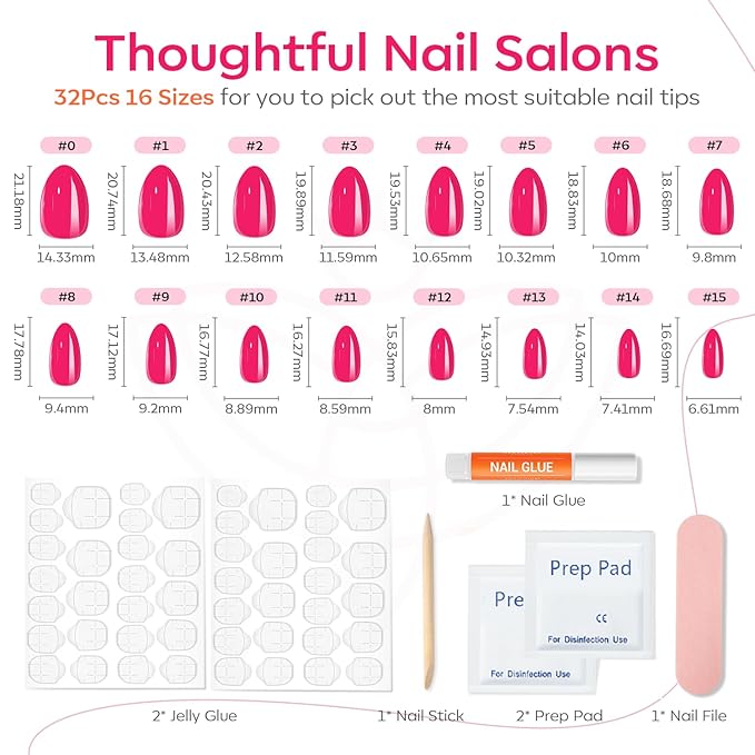 Modelones Hot Pink Press on Nails Almond, Spring Short Almond Fake Nails, Reusable Nail Kit with Nail Glue Adhesive Tabs Mini Nail File, Nails Press Ons 32Pcs 16Sizes