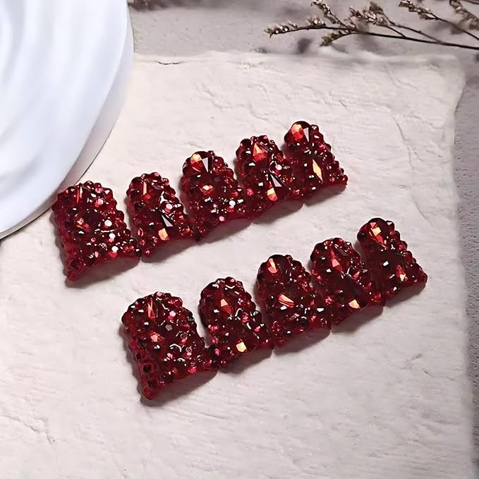 Short Duck Press on Nails Handmade Fake Nails Sparkly Red Rhinestones Full Cover False Nails with Designs Luxury Reusable Glue on Nail for Women 10Pcs(Size M)