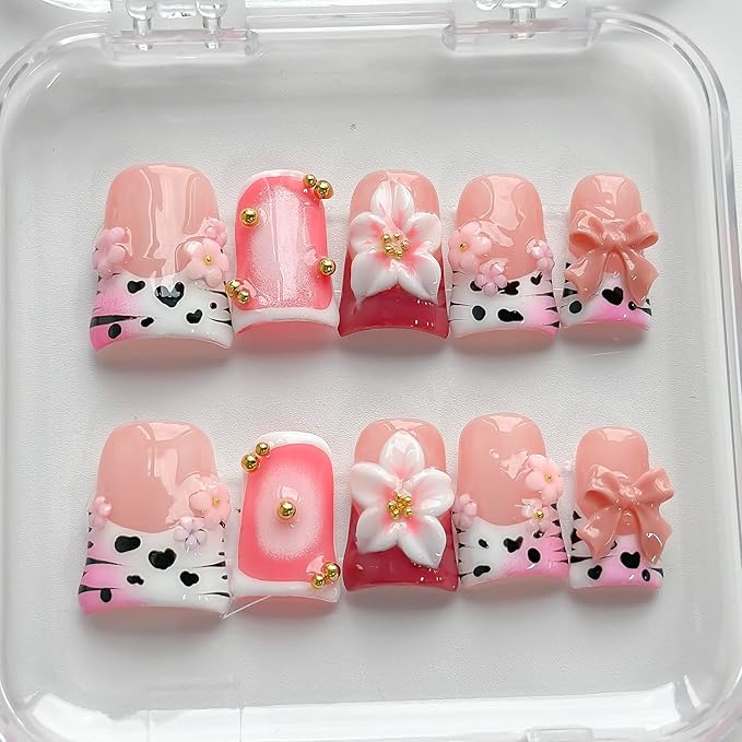 Luxury Press on Nails Short Duck Handmade 3D Unique Reusable ABS Material Fake Nails Pink French Tip False Nails with Designs Bow Flower Cow Print Glossy Glue on Nail Thick Acrylic Nail(S)