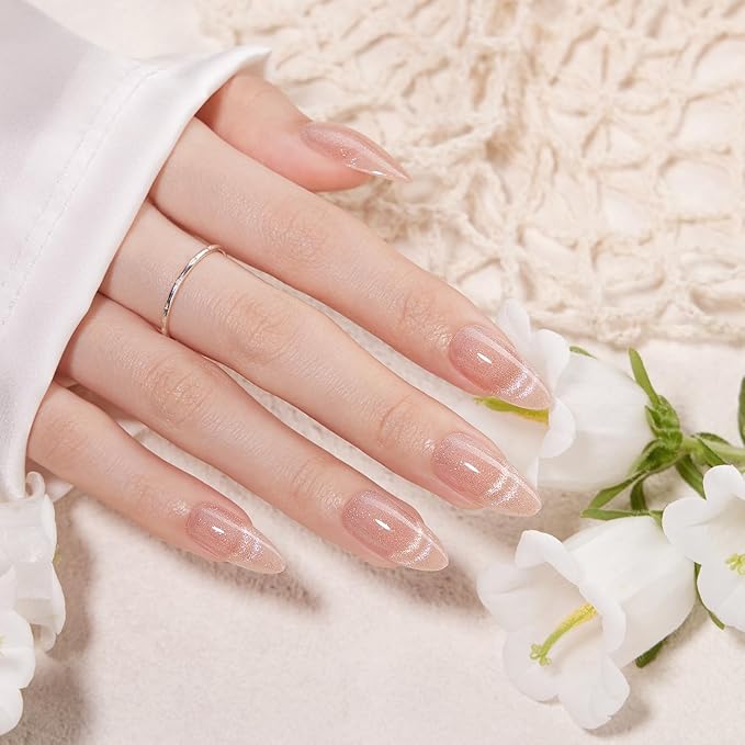 VSALON Press On Nails Medium Almond, Nude French Tip Cat Eye Shimmer Nails, Salon Quality Semi-transparent Fake Nails Kit - 32 PCS Stick on Nails in 16 Sizes with UV Glue & Cuticle Oil