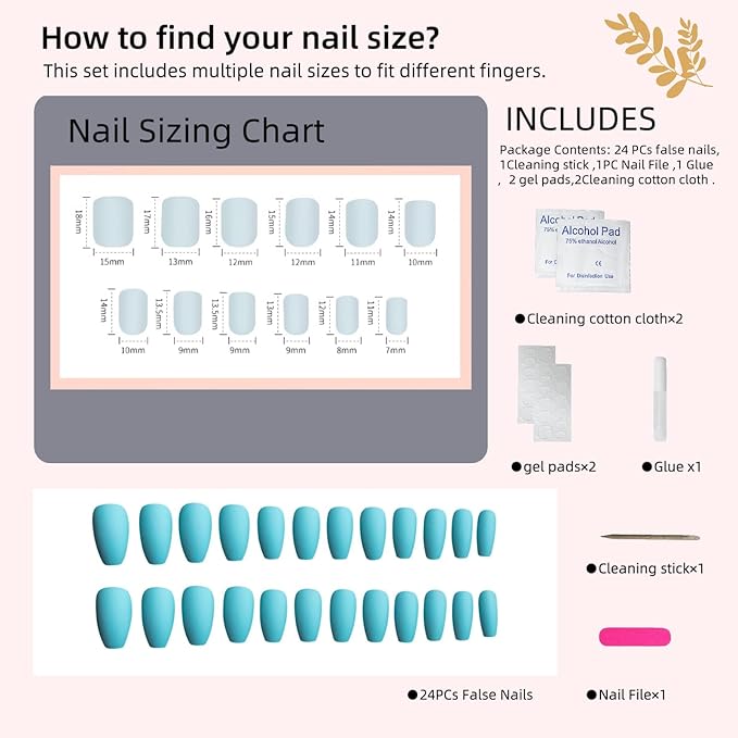 Matte Light Blue Press on Nails, Stiletto Almond Fake Nails, 24Pcs Reusable Artificial Nails for Women