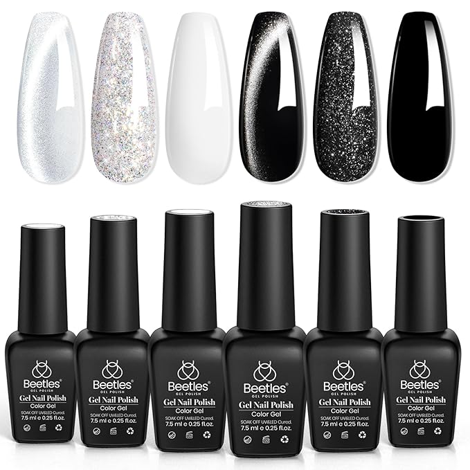 Beetles Gel Nail Polish Set - Twilight Gleam 6 Colors Cat Eye Glitter White Black Silver Shimmer Sparkle Gel Polish Kit with Magnet Soak Off Nail Art Uv Led Home Salon Spring Summer Gift for Women