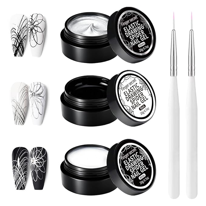 20g/0.7oz Elastic Drawing Spider Nail Gel, GelS Paint for Nails Art Wire Drawing Nail Gel for Line with Brushes for Nail Art (3EDS-WhiteBlackSliver)
