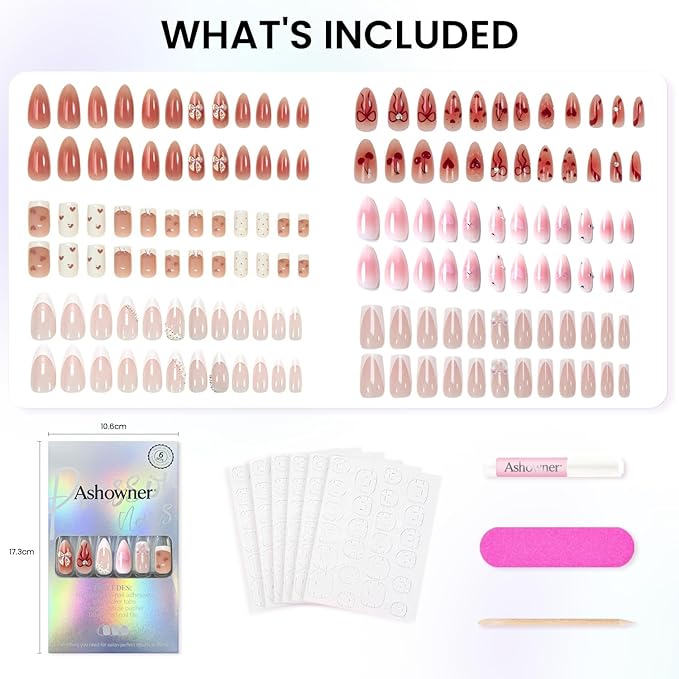 6 Packs (144 Pcs) | Reusable Press on Nails | cute nails | 6-Style Bundle | 12 Sizes | Each Style 24 Pcs | Pink themed bow