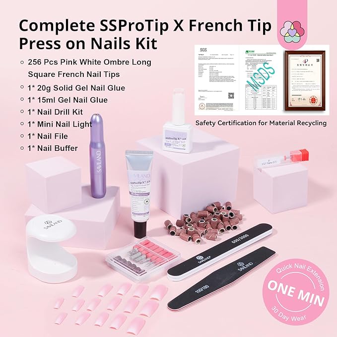 SAVILAND Gel Nail X Kit: 4X Soft Tips with Drill, 256 Ombre Full Cover Nails Tips, Castor Oil Glue, LED Lamp & Portable Drill for Home Manicure