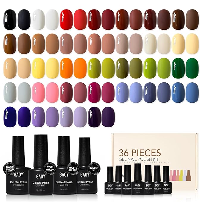 GAOY 36 Pcs Gel Nail Polish Set, 32 Colors All Season Gel Polish Kit Red Black White Pink Blue with 4 Pcs Soak off Base Glossy Matte Top Coat & Builder for Nail Art DIY Manicure at Home