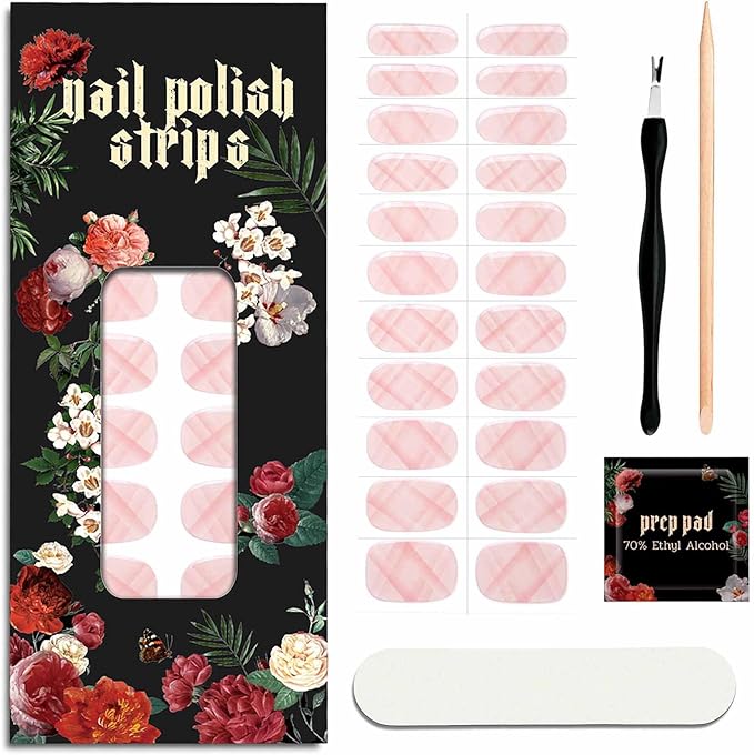 Nail Polish Strips (No UV Lamp Needed) - 22 Pcs Salon Quality Gel Nail Stickers - Long Lasting Wraps (Pink Plaid)