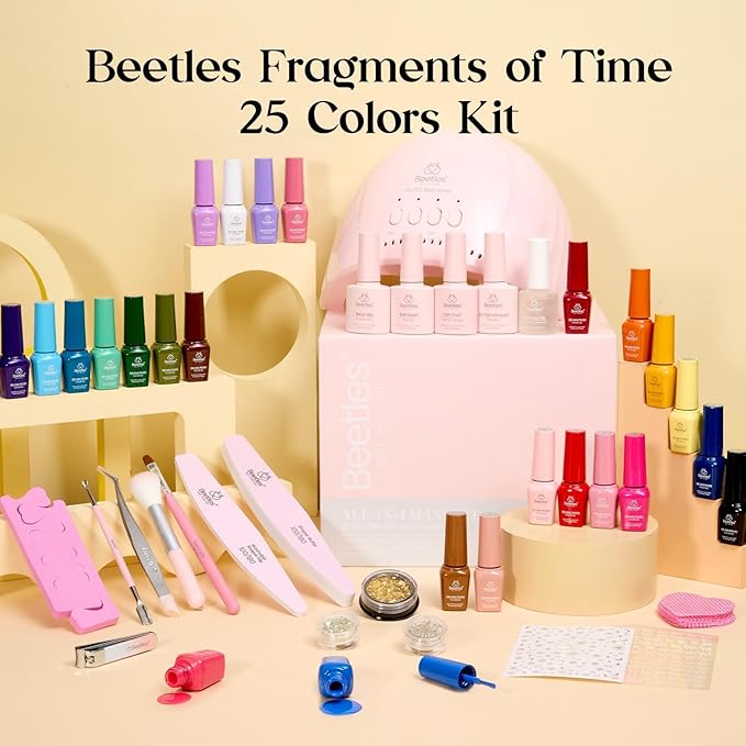 Beetles Gel Nail Polish Kit with U V Light - 25 Colors Valentines Gel Polish Set 45 Pcs Fragments of Time Nails Kit with Tools DIY Salon Manicure Set Gifts for Women Girls - One Color One Bottle