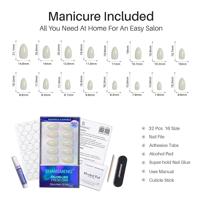 Pastel Beige Press on Nails Almond - SHANGMENG Glow in The Dark Short Nails for Women, Seamless Fit & Glossy Soft Gel Glue On Nails in 16 Sizes - 32 Fake Nails Kit with Glue, Enchanted Lumen