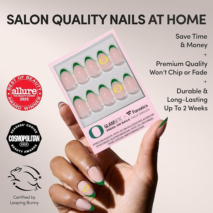 Glamnetic x Fanatics Press On Nails - Oregon Ducks | Short Almond Fake Nails, Collegiate Oregon Green French Tips, College Nails, Salon-Quality | 15 Sizes - 30 Nail Kit with Glue