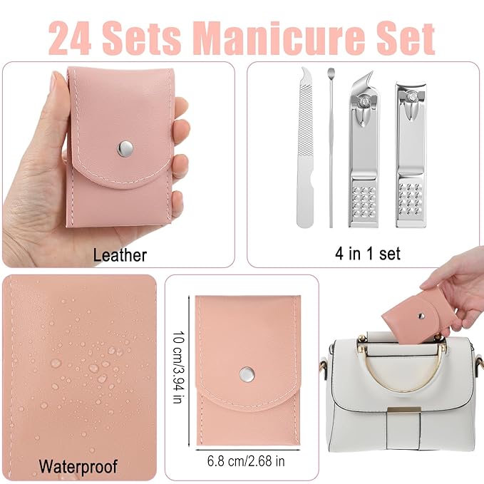 24 Sets Manicure Set Bulk, Pink Nail Clippers Kit Stainless Steel Fingernail Clippers Set, Sturdy Nail Tip Cutter Trimmers Professional Grooming Toenail Clipper Personal Pedicure Kits Gift (4 in 1)