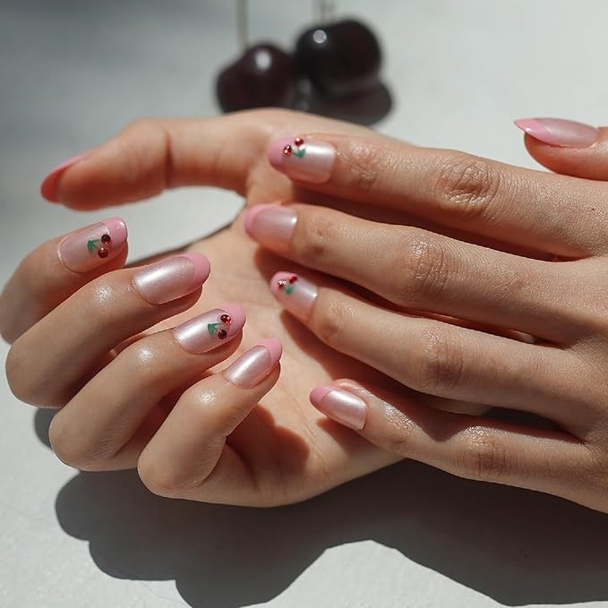 LAMIMOSA 32Pcs Pink French Tip Press On Nails Short Round - Soft Gel Fake Nails in 16 Sizes with 3D Cherry Accents, Reusable Glue on Nails Kit, CHERRY ON TOP